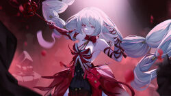 Rule 34 | 1girl, bandaged arm, bandages, bare shoulders, black skirt, blood, bloody tears, braid, breasts, cowboy shot, detached sleeves, dress, fingernails, gradient clothes, gradient dress, grey eyes, grey hair, hand up, heterochromia, medium breasts, missing commentary, multiple others, nail polish, outstretched arm, panluo, parted lips, phrolova (wuthering waves), red dress, red eyes, red nails, single detached sleeve, skirt, smile, solo focus, twin braids, wuthering waves