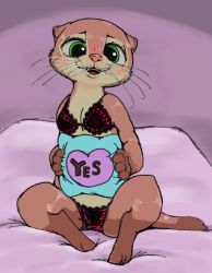 1girl :3 animal_ears animal_feet animal_hands animal_nose bare_shoulders barefoot bed_sheet blush body_fur bra brown_fur claws english_text feet female_focus flat_chest full_body furry furry_female green_eyes hands_up happy heart holding holding_pillow lingerie looking_at_viewer mrs._otterton nousen on_bed open_mouth otter_girl panties pillow purple_background red_bra red_panties sitting smile solo spread_legs tail two-tone_fur underwear whiskers yellow_fur yes yes-no_pillow zootopia