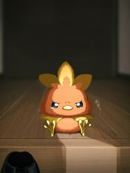 absurdres angry bird commentary commentary_request gen_3_pokemon highres indoors nintendo no_humans pokemon pokemon_(creature) pokemon_focus sitting solo suchi_(fsur7444) tearing_up torchic wooden_floor