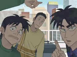 Rule 34 | 3boys, arm up, black hair, building, chang bowen, cityscape, closed mouth, facial hair, facial scar, green sweater, highres, itou kaiji, kaiji, kaninookashimi, light frown, long sleeves, looking at viewer, male focus, mario garcia, medium hair, multiple boys, on rooftop, pointing, pointing at object, railing, scar, scar on cheek, scar on face, short hair, skyscraper, stubble, sweater, thick lips, yellow sweater