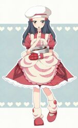1girl apron black_eyes black_hair blush bowl chocolate_making chocolate_on_hand creatures_(company) dawn_(palentine&#039;s_2021)_(pokemon) dawn_(pokemon) dress food-themed_hair_ornament food_on_hand game_freak hair_ornament hairclip hat heart highres holding holding_bowl index_finger_raised long_hair looking_at_viewer mittens nintendo official_alternate_costume ohn_pkmn oven_mitts pokemon pokemon_masters_ex puffy_short_sleeves puffy_sleeves red_dress red_mittens red_shoes shoes short_sleeves single_mitten socks solo strawberry_hair_ornament white_apron white_hat white_socks