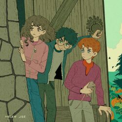 Rule 34 | 1girl, 2boys, artist name, black hair, blue eyes, blue jacket, brown eyes, brown hair, denim, freckles, frown, furrowed brow, glasses, green eyes, grey pants, grey shirt, harry potter, harry potter (series), helen jee, hermione granger, highres, hood, hood down, hoodie, jacket, jeans, long hair, messy hair, mouse (animal), multiple boys, open door, pants, pine tree, pink hoodie, pumpkin, purple sweater, red hair, red shirt, ron weasley, round eyewear, scabbers, scar, scar on face, scar on forehead, shirt, short hair, sweatdrop, sweater, tree, upper body, wavy hair, wizarding world, zipper pull tab