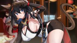 1girl absurdres all_fours animal_ears arknights arm_up armpits belt black_belt black_gloves black_hair black_shorts black_sleeves blaze_(arknights) blaze_the_igniting_spark_(arknights) blue_eyes blush breasts cat_ears cat_girl cat_tail cleavage clothing_cutout commentary dishui_tangni elbow_gloves gloves hanging_breasts highres huge_breasts indoors open_mouth ponytail shiny_skin shirt shorts side_cutout sideboob single_bare_shoulder skindentation slit_pupils solo sweat tail thighs two-tone_shirt white_shirt