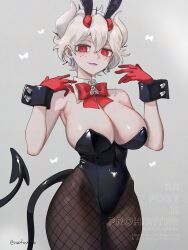 1girl absurdres animal_ears bare_shoulders beelzebub_(helltaker) breasts brown_pantyhose cleavage commentary demon_girl demon_tail fake_animal_ears fishnet_pantyhose fishnets freckles gloves gradient_background grey_background grey_hair helltaker highres large_breasts leotard looking_at_viewer noah_(tettsui-sole) pantyhose playboy_bunny rabbit_ears red_eyes red_gloves short_hair solo tail white_hair