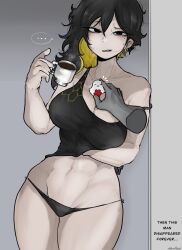 ... 1girl binah_(project_moon) black_eyes black_panties breadiwe coffee coffee_mug colored_inner_hair cup highres holding holding_cup lobotomy_corporation mole mole_under_eye mug multicolored_hair navel off_shoulder panties pov pov_hands project_moon punishing_bird speech_bubble spoken_ellipsis underwear yellow_eyes