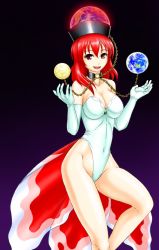 :d bare_shoulders black_choker breasts chain choker cleavage collarbone cosplay covered_navel creatures_(company) earth_(planet) elbow_gloves game_freak gen_1_pokemon globe gloves goldeen goldeen_(cosplay) hair_between_eyes hecatia_lapislazuli kudou_(ooabareteng) large_breasts leotard looking_at_viewer medium_hair misty_(pokemon) misty_(pokemon)_(cosplay) moon nintendo open_mouth planet pokemon pokemon_(anime) pokemon_(classic_anime) pokemon_ep043 purple_background red_eyes red_hair smile solo strapless strapless_leotard touhou white_gloves