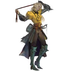 1girl arm_guards armored_boots blonde_hair blouse bodice boots bow bracer brown_pants couter frilled_shirt frills full_body grey_eyes hand_on_own_head highres holding krhart metal_gloves original pants shirt simple_background sword weapon white_background yellow_shirt