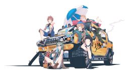 2boys 3girls absurdres beach_umbrella car cup highres hummer lying map monq motor_vehicle multiple_boys multiple_girls on_car on_floor on_stomach open_window original skateboard smoking sports_utility_vehicle umbrella vehicle_focus white_background window