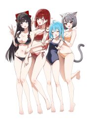 Rule 34 | 4girls, absurdres, akane lize, animal ears, arahashi tabi, bare shoulders, bikini, black bikini, black hair, black one-piece swimsuit, blue hair, braid, breasts, cat ears, cat girl, cat tail, cleavage, full body, grey hair, highres, long hair, looking at viewer, multicolored hair, multiple girls, navel, neneko mashiro, one-piece swimsuit, open mouth, orange bikini, picter, red bikini, red hair, shirayuki hina, short hair, simple background, smile, standing, standing on one leg, stellive, stomach, streaked hair, swimsuit, tail, virtual youtuber, white background