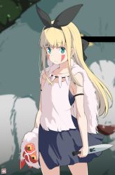 1girl armband bare_shoulders black_bow blonde_hair blunt_bangs bow cape collarbone cosplay cowboy_shot dress earrings expressionless facepaint female_focus fur_cape green_eyes hachiyoshi hair_bow jewelry knife long_hair looking_at_viewer mask mononoke_hime necklace original san san_(cosplay) san_(mononoke_hime) signature solo tank_top tooth_necklace unworn_mask virtual_youtuber