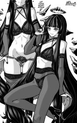 1girl arknights breasts bridal_gauntlets clothes_pull english_text female_pubic_hair furauji greyscale halo high_heels lingerie long_hair medium_breasts monochrome multiple_views nail_polish navel_piercing pantyhose pantyhose_pull piercing pubic_hair pulling_own_clothes simple_background underwear very_long_hair virtuosa_(arknights)