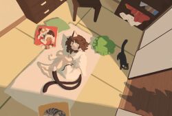 1girl :&lt; animal animal_ears barefoot black_cat brown_hair cat cat_ears cat_girl cat_tail chair chen chest_of_drawers closed_eyes closed_mouth curled_up from_above futon hat highres indoors looking_at_another messy_hair mob_cap multiple_tails out_of_frame pillow shadow shirt short_hair short_sleeves shorts shouji sleeping sliding_doors sliyu solo tabby_cat tail tatami touhou two_tails unworn_clothes white_shirt white_shorts yakumo_ran