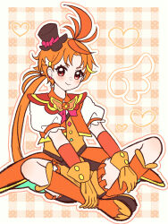 1boy black_hat boots brooch closed_mouth coattails cropped_jacket cure_wing earrings frilled_shorts frills gloves hat highres hirogaru_sky!_precure indian_style jacket jewelry knee_boots layered_gloves low_ponytail magical_boy male_focus mini_hat mini_top_hat orange_background orange_boots orange_gloves orange_hair orange_jacket orange_shorts orange_vest outline ponytail precure puffy_short_sleeves puffy_sleeves red_eyes shadow short_sleeves shorts sitting smile solo tilted_headwear top_hat umiyuki_(umi_chu) vest white_outline wing_brooch yuunagi_tsubasa