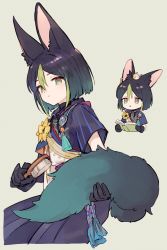 1boy :o animal_ear_fluff animal_ears bird bird_ears black_hair brush chibi closed_mouth ear_piercing flower fox_boy fox_ears fox_tail genshin_impact gloves gradient_hair green_hair grey_background hair_between_eyes highres holding holding_brush holding_tail jewelry looking_at_viewer male_focus medal multicolored_hair multiple_views parted_lips piercing short_sleeves simple_background soto tail tassel tighnari_(genshin_impact) yellow_flower