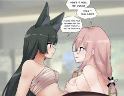 Rule 34 | 2girls, animal ear fluff, animal ears, artist name, black hair, blunt bangs, blurry, blurry background, breasts, commentary, english commentary, english text, fox ears, fox girl, futa with female, futanari, glasses, highres, hoshimi miyabi, long hair, looking at another, medium breasts, multiple girls, navel, paizuri, parted lips, penis, pink hair, profile, red eyes, sarashi, soukaku (zenless zone zero), the freakin yui, topless female, tsukishiro yanagi, zenless zone zero