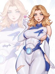 1girl absurdres bare_shoulders belt blonde_hair blue_bodysuit blue_eyes bodysuit breasts closed_mouth cowboy_shot earrings elbow_gloves fantastic_four gloves heart highres hoop_earrings jewelry kayav large_breasts light_blush lipstick looking_at_viewer makeup marvel marvel_rivals medium_hair multicolored_bodysuit sideboob signature simple_background smile sue_storm superhero_costume torn_bodysuit torn_clothes two-tone_bodysuit white_bodysuit wide_hips