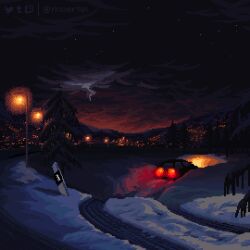animated animated_gif artist_name black_sky car city_lights cloud cloudy_sky lamppost lightning looping_animation moertel motor_vehicle mountainous_horizon night night_sky no_humans original outdoors pine_tree pixel_art scenery skid_mark sky snow thunderstorm tree