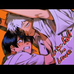 Rule 34 | 2boys, black hair, body horror, collared shirt, commentary, embarrassed, english text, hair between eyes, highres, hikaru ga shinda natsu, indou hikaru, iria arts, letterboxed, looking at viewer, male focus, melting eyes, mole, mole on cheek, mole under mouth, multiple boys, multiple moles, open clothes, open shirt, orange background, school uniform, shirt, short hair, short sleeves, simple background, tears, teeth, tsujinaka yoshiki, upper body, white hair, white shirt