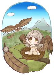 1girl :o animal_ears arm_up bare_shoulders bird bird_ears bird_girl bird_nest blue_sky blunt_bangs breasts brown_feathers chibi cleavage cloud collarbone commentary_request day falling_feathers feathers full_body fur_(clothing) fur_sleeves grey_hair highres in_nest large_breasts long_hair looking_up midriff mokezi mountain navel nest original outdoors reaching sidelocks sitting sky tree wariza yellow_eyes