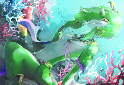 1girl air_bubble bracelet bubble colored_skin coral dutch_angle furry furry_female green_horns green_skin highres horns jewelry kandori_makoto nintendo outdoors school_of_fish sitting the_legend_of_zelda the_legend_of_zelda:_tears_of_the_kingdom underwater yellow_eyes yona_(zelda) zora