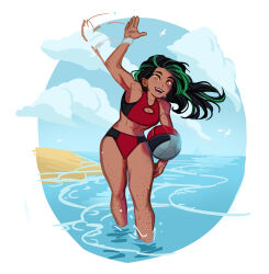 1girl absurdres alternate_costume ball beachball bikini black_bikini black_hair blue_sky body_freckles breasts cameo cleavage cleavage_cutout clothing_cutout cloud cloudy_sky d3stiny-sm4sher dark-skinned_female dark_skin freckles full_body gen_3_pokemon green_hair hair_undone highres leaning_forward long_hair looking_at_viewer multicolored_bikini multicolored_hair nemona_(pokemon) nintendo open_mouth orange_eyes poke_ball_print pokemon pokemon_sv red_bikini shoulder_freckles sky smile solo standing streaked_hair swimsuit toned toned_female two-tone_bikini two-tone_hair two-tone_swimsuit volleyball_(object) wading water waving waving_arm wingull wristband