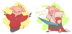 1boy alternate_costume animal_ears cape casual closed_eyes commentary contemporary crown digitigrade dream_smp english_commentary english_text fur-trimmed_cape fur_trim furry furry_male highres holding holding_sword holding_weapon hood hood_down hoodie hooves male_focus minecraft_sword minecraft_youtube multiple_views open_mouth pig_boy pig_ears pig_nose pig_tail pink_fur red_cape red_eyes red_hoodie sword tail technoblade tokkytikky tusks weapon