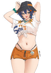 absurdres belle_(zenless_zone_zero) blue_hair green_eyes hair_ornament highres letter_hair_ornament navel official_alternate_costume orange_shorts pinepin shirt shorts simple_background tied_shirt white_background white_shirt zenless_zone_zero
