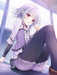 1boy angry asuka_minato black_pantyhose bloomers blue_hair blurry blurry_background blush bow bowtie braid brown_shoes clenched_hand commentary_request depth_of_field doruzou18 dress embarrassed feet_out_of_frame foreshortening from_below frown hand_up highres indoors knees_up long_sleeves looking_at_viewer male_focus medium_hair on_floor open_mouth otome_domain pantyhose purple_dress purple_pantyhose red_bow red_bowtie red_eyes school_uniform shoes short_dress side_braid single_braid solo tearing_up tears thighs trap underwear v-shaped_eyebrows white_bloomers white_sleeves window