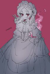 1girl alternate_costume animal animal_on_shoulder bloody_marie_(skullgirls) bonnet dress dust_bunny_(skullgirls) fire frilled_dress frills hair_ornament half-closed_eyes highres red_background red_eyes ribs skeleton sketch skull_hair_ornament skullgirls solo spot_color twintails