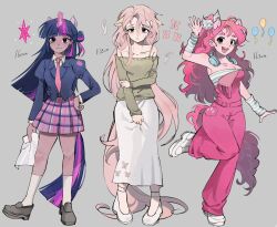 3girls animal_ears animal_print arm_at_side arm_up arm_warmers balloon bare_shoulders black_hair black_jacket black_shoes blue_bow blue_eyes blue_shirt blunt_bangs blunt_ends bow breasts butterfly_hair_ornament butterfly_print buttons cleavage collarbone collared_shirt curly_hair curtained_hair curvy cutie_mark dark-skinned_female dark_skin double_strap_slip ears_down extra_ears fluttershy full_body green_sweater grey_background hair_behind_ear hair_between_eyes hair_bow hair_bun hair_ornament hand_on_own_arm hand_on_own_crotch hand_on_own_hip hashtag-only_commentary headphones headphones_around_neck height_chart high_ponytail highres holding holding_paper horns horse_ears horse_girl horse_tail jacket juliet_sleeves kneehighs knees_together_feet_apart lapels layered_sleeves legs_apart loafers long_hair long_skirt long_sleeves looking_at_viewer medium_breasts memoji_7672 miniskirt multicolored_hair multiple_girls my_little_pony my_little_pony:_friendship_is_magic necktie off-shoulder_sweater off_shoulder outstretched_hand overalls pale_skin paper pencil_skirt pigeon-toed pink_hair pink_necktie pink_overalls pink_tail pinkie_pie plaid_clothes plaid_skirt pleated_skirt ponytail puffy_sleeves purple_eyes purple_hair purple_skirt shirt shoes shy simple_background single_hair_bun single_horn single_side_bun skirt small_breasts socks sprinkles standing standing_on_one_leg strapless strapless_shirt streaked_hair striped_arm_warmers striped_bow striped_clothes striped_shirt sweatdrop sweater tail twilight_sparkle two-tone_bow two-tone_shirt unicorn_girl very_long_hair white_arm_warmers white_bow white_shirt white_shoes white_skirt white_socks