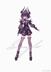 Rule 34 | 1girl, above cleavage cutout, ankle cuffs, argyle clothes, argyle thighhighs, armor, black crown, black hair, black necktie, black shoes, black shorts, bracer, breastplate, brown eyes, chinese commentary, closed mouth, cloudyman, collared shrug, colored inner hair, commentary request, crown, demon girl, demon horns, determined, dot nose, faulds, fingerless gloves, frilled skirt, frilled thigh strap, frills, frown, full body, furrowed brow, gloves, high collar, highres, horns, light blush, long sleeves, looking at viewer, mary janes, miniskirt, multicolored hair, necktie, original, outstretched arm, platform shoes, puffy long sleeves, puffy sleeves, purple gloves, purple hair, purple horns, purple shrug, purple skirt, purple thighhighs, sample watermark, shoes, short hair, shorts, shorts under skirt, shoulder spikes, shrug (clothing), simple background, skirt, solo, spikes, standing, tachi-e, thigh strap, thighhighs, tsurime, two-tone hair, watermark, weibo watermark, white background