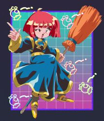1990s_(style) 1girl absurdres blue_dress blue_robe bracelet broom candy cotton_(character) cotton_(game) dress food gold_bracelet gold_footwear highres holding holding_broom medium_hair one_eye_closed pointing pointy_footwear potiri02 retro_artstyle robe witch wrapped_candy