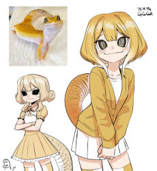 2girls artist_name black_sclera breasts colored_sclera colored_skin creature_and_personification crossed_arms dress frown gecko gegegekman highres jacket lizard lizard_tail looking_at_viewer monster_girl multiple_girls original personification photo-referenced photo_inset pleated_skirt raised_eyebrows reference_inset reptile reptile_girl signature simple_background skirt slit_pupils small_breasts smile tail thighhighs two-tone_dress white_background yellow_jacket yellow_skin