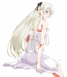 Rule 34 | 1girl, ao no kiseki, artist name, bare shoulders, bow, dress, earrings, eiyuu densetsu, elie macdowell, green eyes, hair bow, jewelry, looking at viewer, sideburns, simple background, sitting, sleeveless, smile, solo, sundress, white background, white dress, white hair, xiacheng tatsuya, zero no kiseki