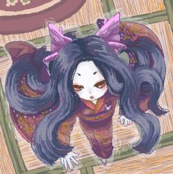 Rule 34 | 1girl, black hair, bow, brown eyes, brown kimono, colored skin, commentary request, floating hair, from above, full body, hair bow, japanese clothes, kimono, long hair, long sleeves, lowres, mamaji, miyabi doll, oekaki, open mouth, purple bow, ragnarok online, solo, tatami, white skin, wide sleeves
