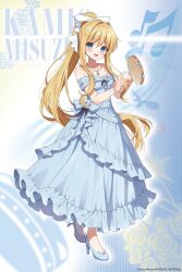 1girl air_(visual_novel) blonde_hair blue_dress blue_eyes blue_shoes character_name dress frilled_dress frills full_body hair_ribbon high_heels highres instrument kamio_misuzu long_hair long_sidelocks looking_at_viewer mauve official_art ponytail ribbon shoes sidelocks smile solo standing tambourine very_long_sidelocks