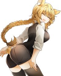 1girl :d ^_^ animal_ears arknights ass aza_nonoka black_shorts black_thighhighs black_vest blonde_hair blush braid braided_bangs braided_ponytail closed_eyes commentary_request facing_viewer highres kroos_(arknights) leaning leaning_forward long_hair open_mouth shirt short_shorts shorts simple_background sleeves_rolled_up smile solo tail thighhighs vest white_background white_shirt yellow_tail