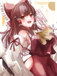 1girl adapted_costume aridamikannn ascot between_fingers blush bow breasts brown_eyes brown_hair chest_sarashi commentary_request detached_sleeves frilled_bow frilled_hair_tubes frills gohei hair_bow hair_tubes hakurei_reimu highres hip_vent holding holding_gohei large_breasts long_hair looking_at_viewer ofuda ofuda_between_fingers open_mouth red_bow red_skirt ribbon-trimmed_sleeves ribbon_trim sarashi sideboob skirt skirt_set smile solo touhou very_long_hair yellow_ascot