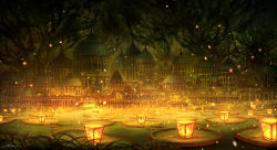 Rule 34 | absurdres, building, fantasy, highres, huge filesize, kurasuta, lantern, lily pad, night, no humans, original, outdoors, scenery, signature