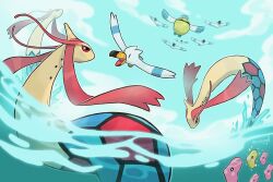 alternate_color bird blue_sky cloud day gen_3_pokemon luvdisc milotic nintendo no_humans outdoors partially_underwater_shot pelipper pokemon pokemon_(creature) shiny_pokemon sky squeegool water wingull