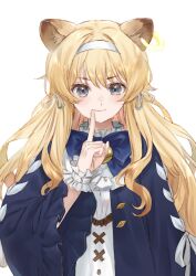 1girl absurdres animal_ears bell blonde_hair blue_bow blue_dress bow choppy_bangs collar cropped_torso dress earrings finger_to_mouth frilled_collar frilled_sleeves frilled_wristband frills grey_eyes hair_ribbon headband highres jewelry kishida_mel light_smile long_hair looking_at_viewer original ribbon shushing sidelocks single_earring wavy_hair white_background white_dress white_headband wide_sleeves