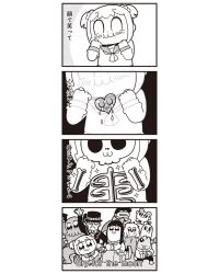 2girls 4koma :3 bat_wings bkub blush bow closed_eyes comic crying cthulhu domino_mask closed_eyes greyscale hair_bow hair_ornament hair_scrunchie hat highres marvel mask monochrome multiple_girls pipimi poptepipic popuko school_uniform scrunchie serafuku sidelocks skeleton streaming_tears tears top_hat translation_request u_u wings x-men