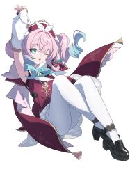 1girl ;o absurdres arm_up armpits blue_hair bow detached_sleeves full_body gradient_hair hat highres honkai:_star_rail honkai_(series) hyacine_(honkai:_star_rail) long_hair looking_at_viewer multicolored_hair one_eye_closed open_mouth pantyhose pink_hair shoes simple_background solo white_background white_pantyhose xixuan_z