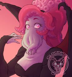 Rule 34 | 1girl, absurdres, bat wings, black dress, clockworcryptid, cthulhu mythos, dress, highres, ln&#039;eta, looking at viewer, pink eyes, pink hair, solo, sucker for love, tentacle hair, tentacle mouth, wings