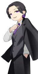 Rule 34 | 1girl, black hair, black jacket, black pants, collared shirt, colored inner hair, cowboy shot, earclip, female focus, formal clothes, grey vest, hand in pocket, jacket, kai-o, long sleeves, looking at viewer, mole, mole under eye, multicolored hair, necktie, original, pants, parted lips, purple eyes, purple hair, purple necktie, shirt, short hair, simple background, smile, solo, striped clothes, striped jacket, striped shirt, suit, teeth, upper teeth only, vertical-striped clothes, vertical-striped jacket, vertical-striped shirt, vest, white background, white shirt
