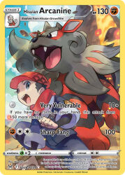 1boy artist_name black_eyes black_hair blue_pants blue_shirt blue_sky card_(medium) character_name cloud company_name copyright_name copyright_notice day debris embers english_text fangs galaxy_expedition_team_survey_corps_uniform hand_on_ground hat hisuian_arcanine hisuian_growlithe iribi_you lava nintendo official_art open_mouth outdoors pants pokemon pokemon_(creature) pokemon_card pokemon_legends:_arceus pokemon_tcg red_hat red_scarf rei_(pokemon) scarf shirt short_hair sky teeth third-party_source tongue trading_card upper_teeth_only
