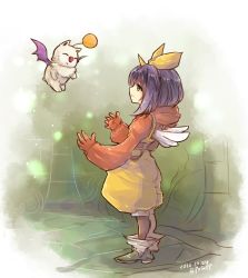 1girl bob_cut boots bow eiko_carol final_fantasy final_fantasy_ix gloves green_eyes horn moogle peso_kongari puffy_sleeves purple_hair short_hair solo square_enix wings