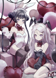absurdres ahoge animal_ears black_hair black_thighhighs blue_archive box breasts double_bun gift gift_box grey_halo hair_bun halo heart highres hina_(blue_archive) kisaki_(blue_archive) leotard loli long_hair maid_headdress playboy_bunny purple_eyes rabbit_ears red_ribbon ribbon sitting small_breasts srnps thighhighs thighs white_hair