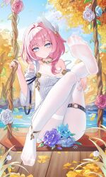 1girl absurdres bare_shoulders blue_eyes blue_sky breasts commentary_request cyrene_(honkai:_star_rail) dress feet flower_censor hair_ornament highres honkai:_star_rail honkai_(series) jndfh lake leg_up looking_at_viewer medium_hair multicolored_hair on_swing outdoors pantyhose pink_hair sky small_breasts smile soles solo swing swing_set thigh_strap thighs toes two-tone_hair variant_set water white_dress white_hair white_pantyhose wooden_floor