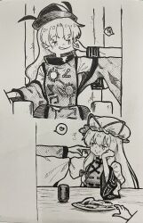 Rule 34 | 2girls, anger vein, bow, cheek pinching, cheek poking, closed mouth, commentary, constellation print, cup, detached sleeves, dress, food, food theft, gap (touhou), greyscale, hair bow, hand on own cheek, hand on own face, hat, hat ribbon, heart, highres, long hair, long sleeves, matara okina, mob cap, monochrome, multiple girls, open mouth, pinching, plate, poking, ribbon, senbei, sitting, skirt, smile, spoken anger vein, spoken heart, sun print, suteruko, tabard, touhou, traditional media, very long hair, wide sleeves, yakumo yukari, yunomi
